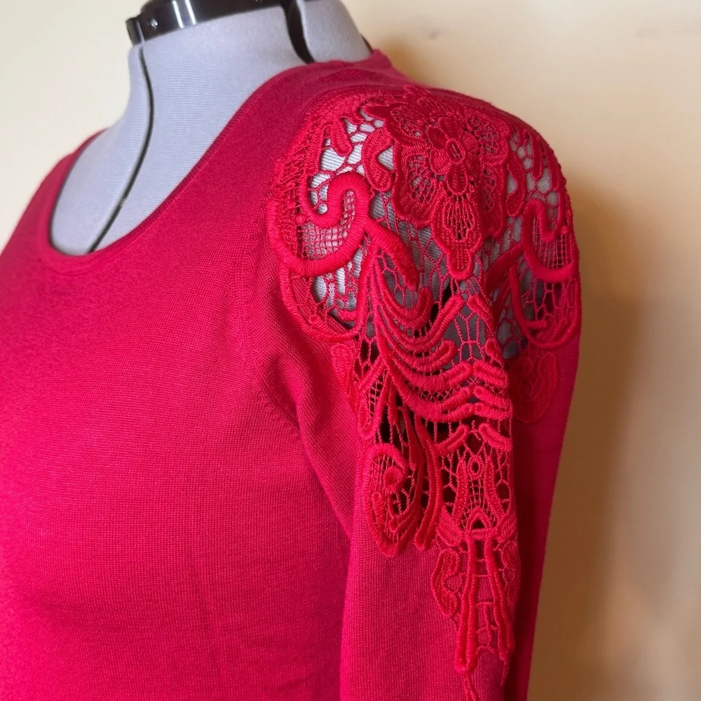 Red Sweater with Lace Capped Sleeves